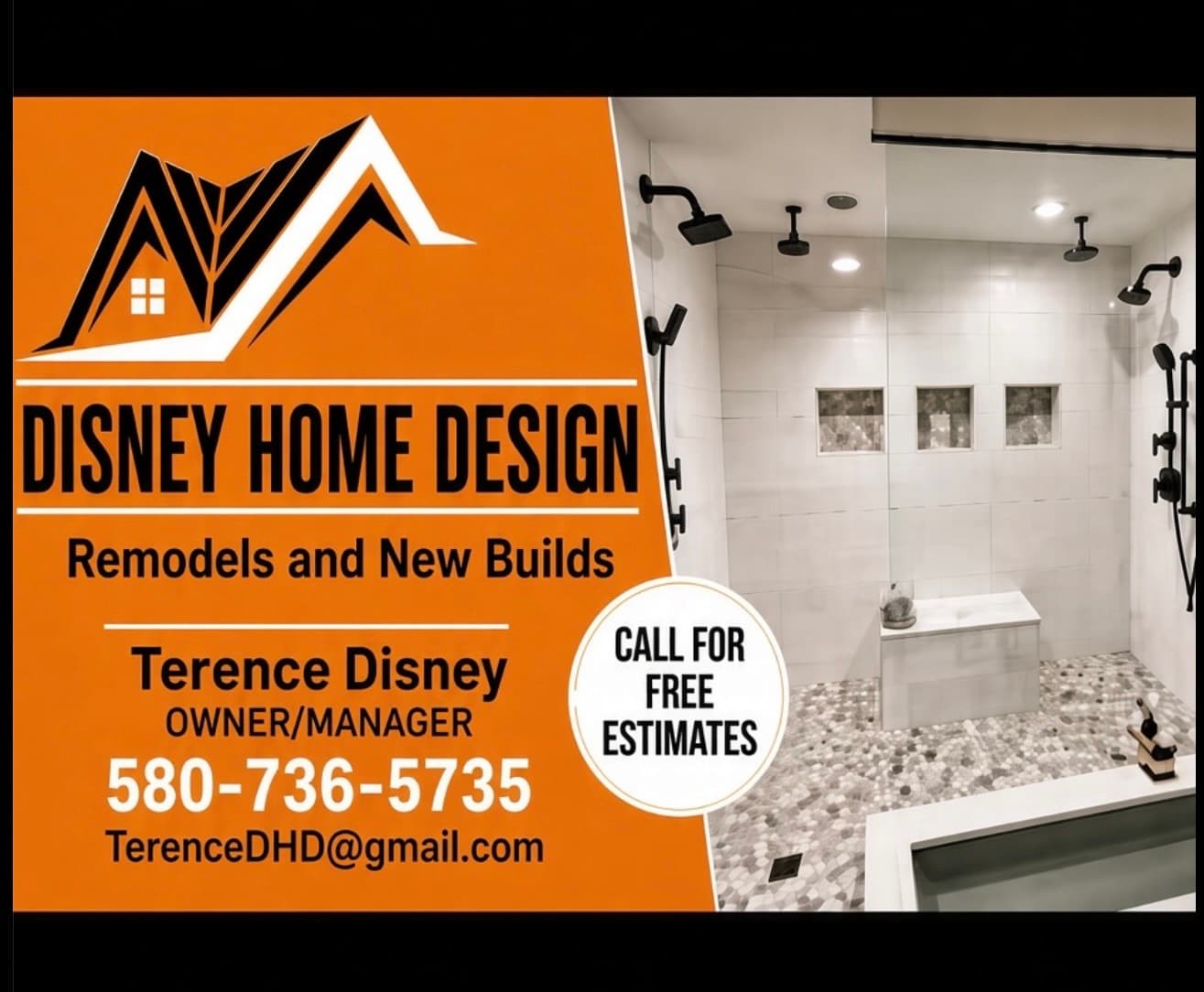 Disney Home Design advertisement for remodels featuring a modern walk-in shower with black fixtures.