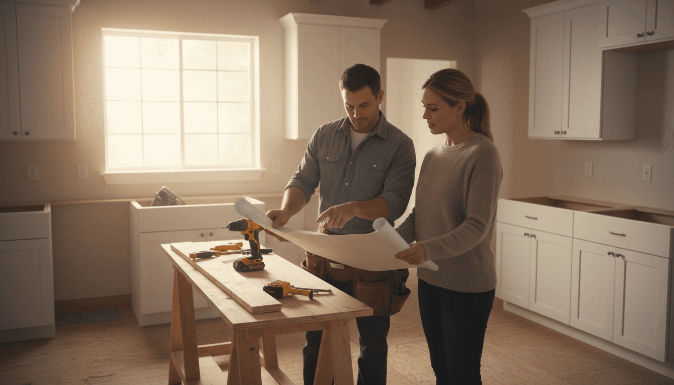 Contractor reviewing remodeling plans with a homeowner in a bright kitchen