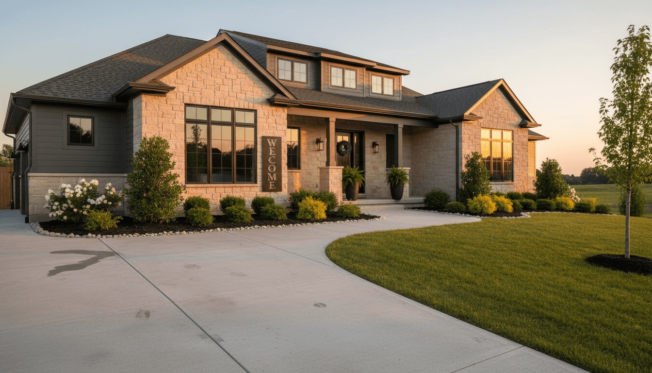Newly built home exterior with fresh landscaping