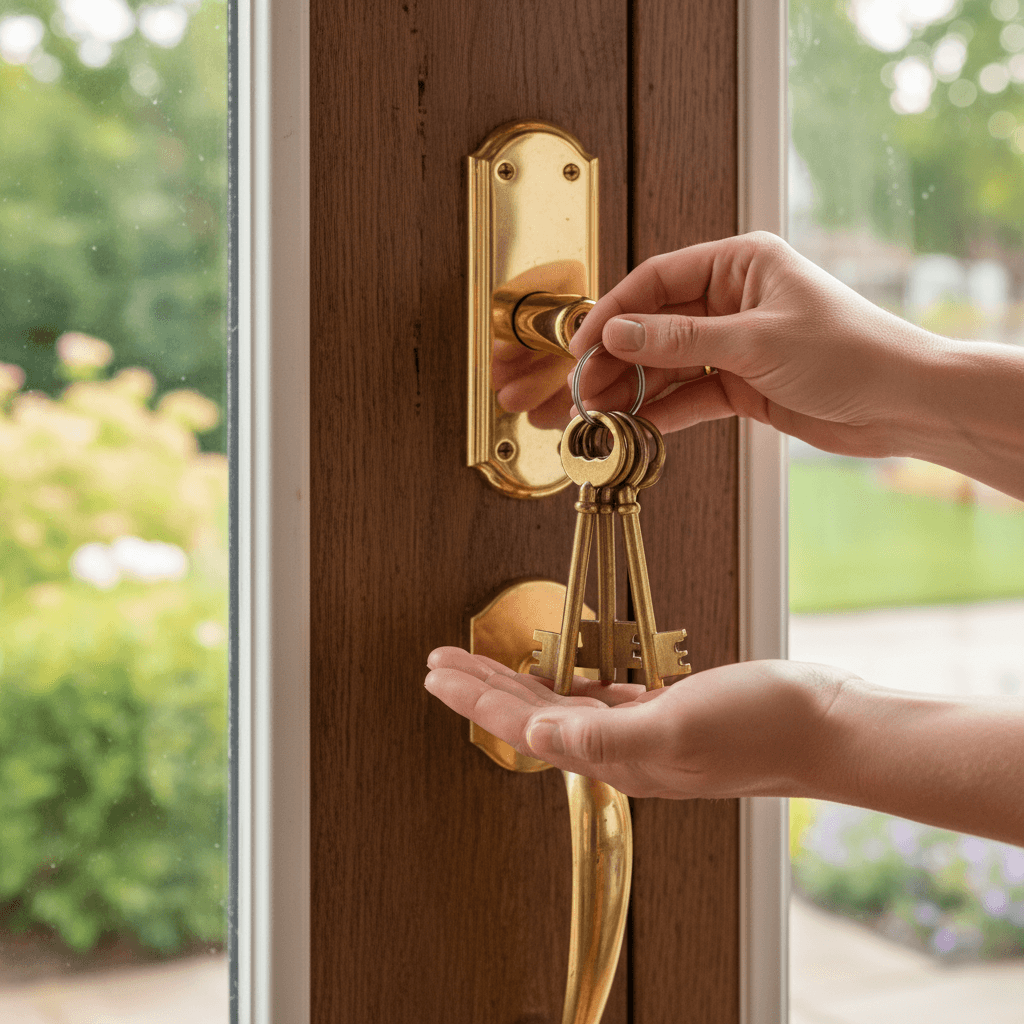 Contractor handing keys to a homeowner on a remodeled porch