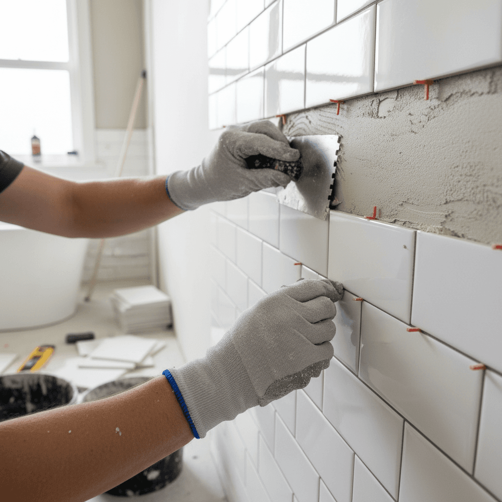 Contractor installing custom tile shower wall
