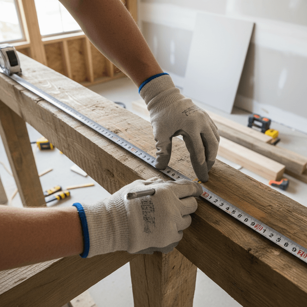Contractor measuring wood framing during a kitchen remodel