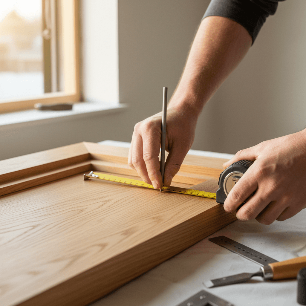 Contractor's hands holding a framing square on a new window frame