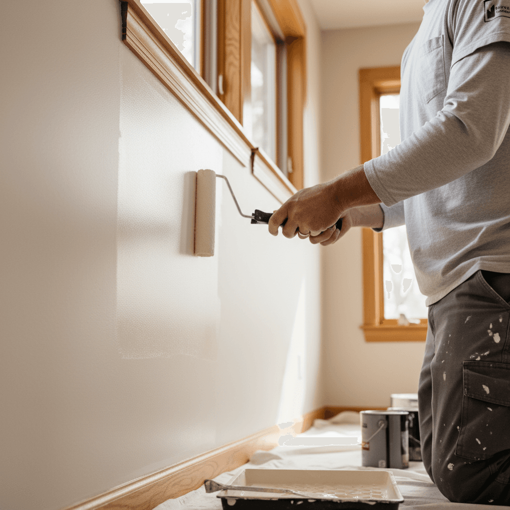 Painter rolling a fresh coat of greige paint on an interior wall
