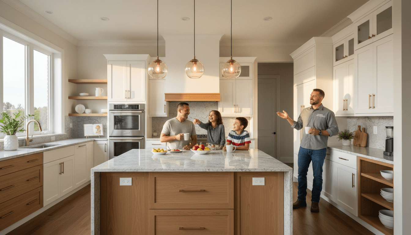 Finished modern kitchen remodel with custom cabinetry and warm evening light