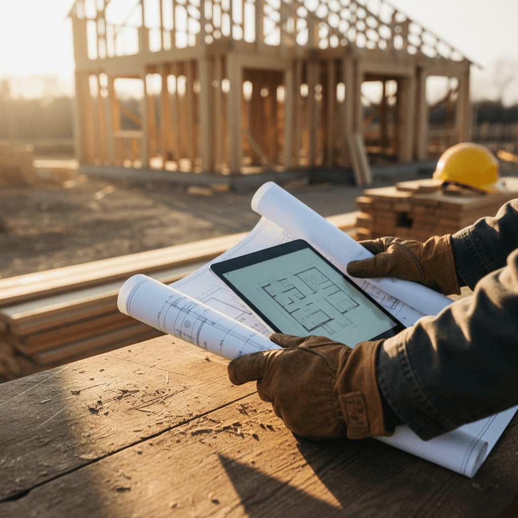 Contractor reviewing blueprints on a job site table