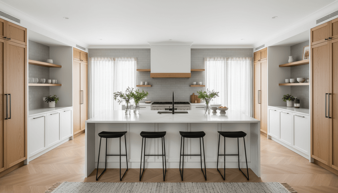 Newly remodeled kitchen with white cabinets and quartz countertops