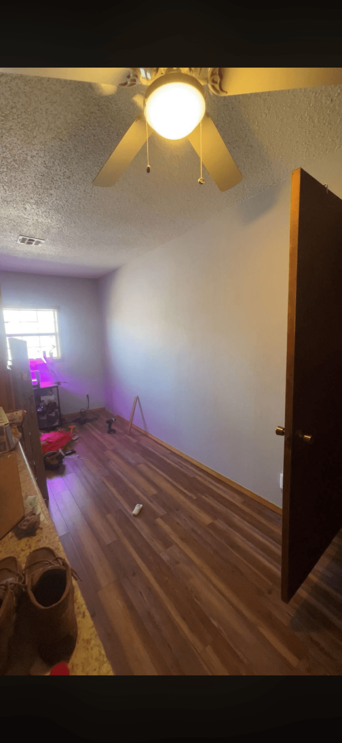 Room with wood floors, grey walls, a ceiling fan, open door, and purple window light.